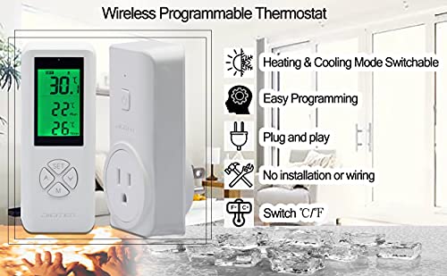 Digital WTC200 Wireless Thermostat Plug-in Temperature Controller Outlet, Remote Temp Controller, Thermometer Heating Cooling Mode for Fan Heater Greenhouse Home Brew Reptile - White