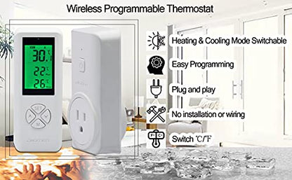 Digital WTC200 Wireless Thermostat Plug-in Temperature Controller Outlet, Remote Temp Controller, Thermometer Heating Cooling Mode for Fan Heater Greenhouse Home Brew Reptile - White