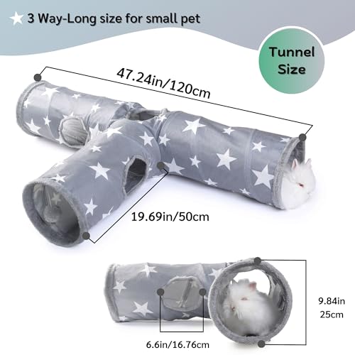 JanYoo Bunny Tunnel Rabbit Hideout Cat Toys for Rabbits Accessories 3 Ways | 47'' Collapsible Plush Pet Toys with Interactive Ball for Kittens Rabbits Ferret Guinea Pigs Accessories