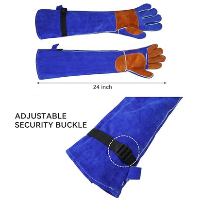 Long Leather Welding Gloves Animal Handling Scratch Bite Proof | 24 Inch Full arm coverage.Flame-retardant split leather shields against intense welding heat and animal bites. - color: Blue