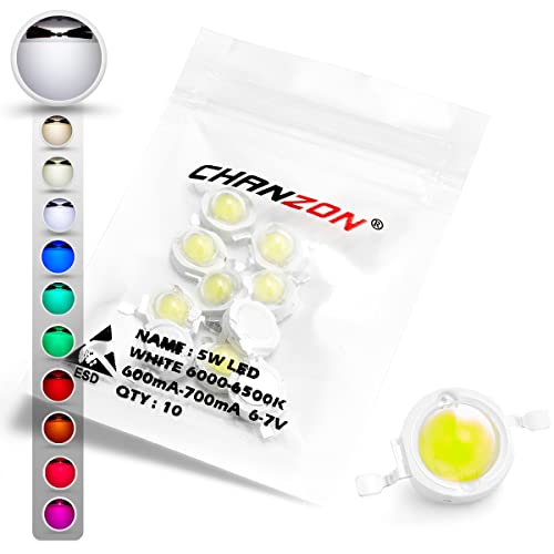 CHANZON 10 pcs High Power Led Chip 5W White 6000K - 6500K | (600mA - 700mA / DC 6V - 7V / 5 Watt) Super Bright Intensity SMD COB Light Emitter Components Diode Bulb Beads DIY Lighting - color: C) White (6000k)
