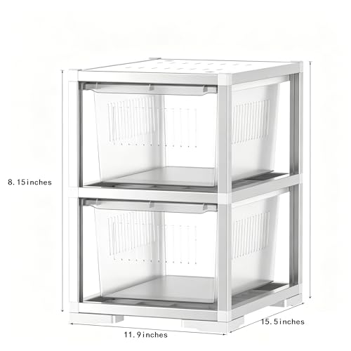 2-Tier Stackable Reptile Enclosure, Aluminum Frame Reptile Cage with Sliding Drawer Doors, Escape Proof Lock & Ventilation, Breeding Tank for Gecko Lizard Snake Juvenile Habitat, 13x15.5x18 Inches