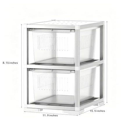 2-Tier Stackable Reptile Enclosure, Aluminum Frame Reptile Cage with Sliding Drawer Doors, Escape Proof Lock & Ventilation, Breeding Tank for Gecko Lizard Snake Juvenile Habitat, 13x15.5x18 Inches