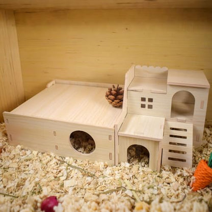 Multi-Chamber Wooden Hamster Hideout & Tunnel - Durable, Ventilated Natural Wood Cage Accessories for Dwarf, Syrian Hamsters and Small Pets