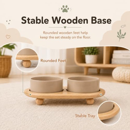 Havniva Raised Cat Bowl 5.1” Elevated Ceramic Cat Food and Water Bowl Set | Cat Bowls Elevated, Whisker Friendly Cat Bowl, Non-Slip Wood Stand, Food-Grade Ceramic, Wide Opening, Dishwasher Safe - color: Greige, size: 2 Bowls+Tray - 5.1"