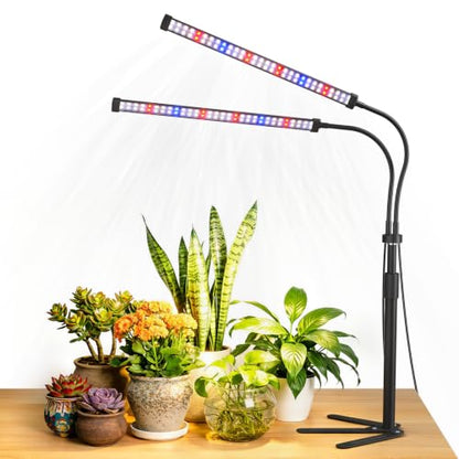 LED Grow Lights for Indoor Plants, Tripod Stand, Dual Head | 120 LEDs, Upgraded 9V System, 9.8-35 in Adjustable Tripod, 5700K Full Spectrum, CRI 90+, 4/8/12H Timer, 5 Brightness Levels - size: Stand-2 Head