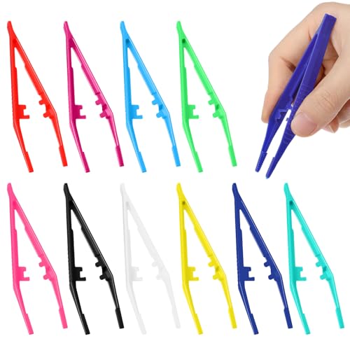 Kynigo 10 Pcs Plastic Tweezers for Crafting, Kids Tweezers for Toddler Tweezer Fine Motor Skills, Non-Slip Bead Tweezer Set for DIY Jewelry Making, 10 Colors