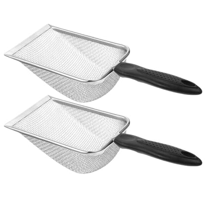 Reptile Sand Scooper and Antislip Handle with Stainless Steel Mesh 2pcs Sturdy Litter Scoop Metal Smooth Rounded Edges, Expanded Scoop for Cage and Acrylic Tank Substrate Cleaning
