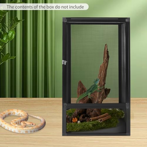 Reptile Pet Feeding Net Box 360° Panoramic, Aluminum Alloy Reptile Enclosure 17.72x17.72x31.50in, Reptile Terrarium with Mesh Ventilation, Metal Latch for Chameleons, Lizards, Snakes
