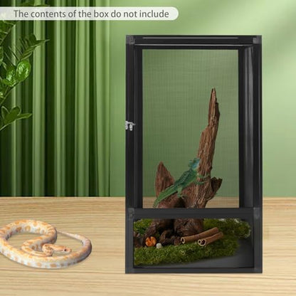 Reptile Pet Feeding Net Box 360° Panoramic, Aluminum Alloy Reptile Enclosure 17.72x17.72x31.50in, Reptile Terrarium with Mesh Ventilation, Metal Latch for Chameleons, Lizards, Snakes