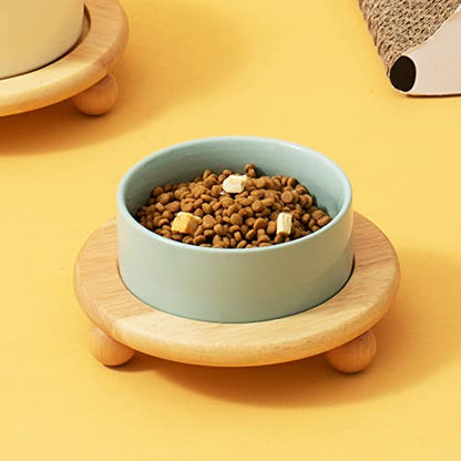 Havniva Raised Cat Bowl 6.1” Elevated Ceramic Cat Food and Water Bowl | Cat Bowls Elevated, Whisker Friendly Cat Bowl, Non-Slip Wood Stand, Food-Grade Ceramic, Wide Opening, Dishwasher Safe - color: Light Green, size: Bowl+Tray - 6.1"