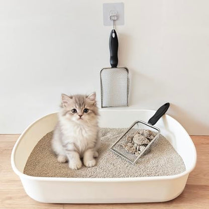 2Pcs Cat Litter Scoop Metal Stainless Steel Mesh Kitty Litter Scoop with Hook, Cat Scooper for Litter Box, Filter Small Pieces Quickly, Easy to Clean and Durable (3mm/5mm Mesh)