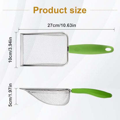 Stainless Steel Mesh Litter Shovel, Fine Mesh Metal Reptile Litter Cleaner Scooper, Green Non-Slip Handle Sifter for Lizard Substrate Reptile Terrarium Sand Waste