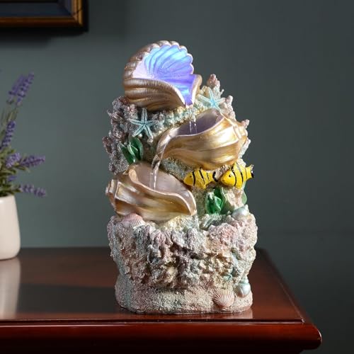 Coral Shell Water Fountain - Tabletop Waterfall Fountain Indoor Desktop Decor with LED Lights, Zen Meditation Relaxation, Home Office Decoration (23037) - color: Coral