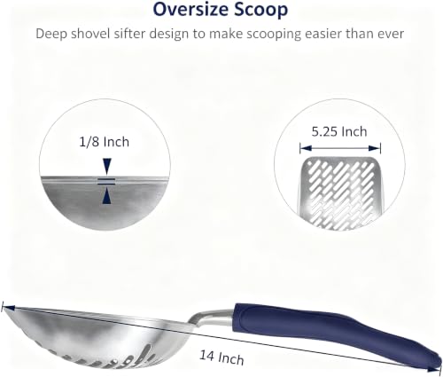 Cat Litter Scoop, Aluminum Alloy Sifter, Kitty Metal Scooper, Deep Shovel with Diagonal Sifting Hole, Long Handle, Kitten Poop Lifter for Litter Box, Large Size, Blue Handle - color: #01 Blue, size: Large