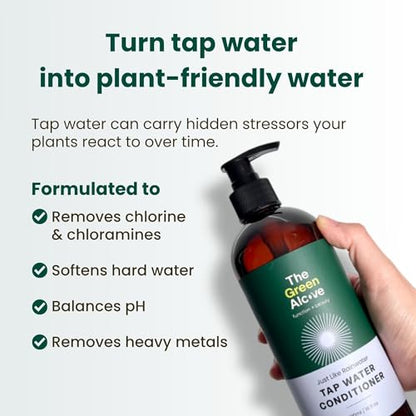 Tap Water Conditioner for Plants by The Green Alcove | Distilled Water Alternative for Senisitive Houseplants | Treats 310 gallons, Remove Chlorine, Chloramines & Heavy Metals, Buffers pH (16 fl oz)