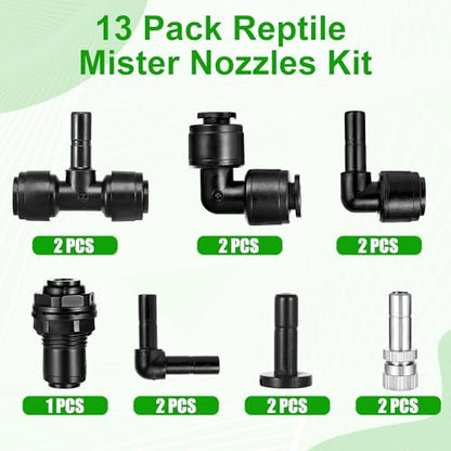 13 Pack 1/4" Dual-Head Reptile Mister System Reptile Mister Nozzle Kit,360 Degree Adjustable 1/4 Misting Nozzle Parts Quick Connect Fittings for Aquarium,Vivarium,Plants, Amphibians - size: Dual-Head