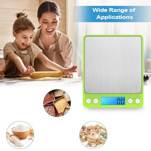 Digital Scale, 3000g, 0.01 Ounces, 0.1 Grams Accuracy Mini Kitchen Food Scale with 2 Trays, Pocket Scale for Jewelry, Coffee, LCD Display, Tare Function, Stainless Steel - color: Green