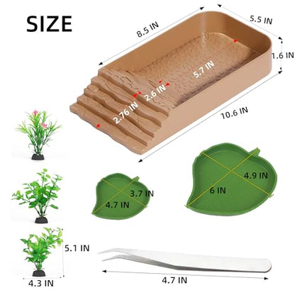7 PCS Reptile Water Dish Bathing Pool Tortoise Habitat Accessories | plastic,water proof,multi-function,with climbing ramp food dishes reptile plants tweezer,for turtle gecko snake frog - color: faint yellow