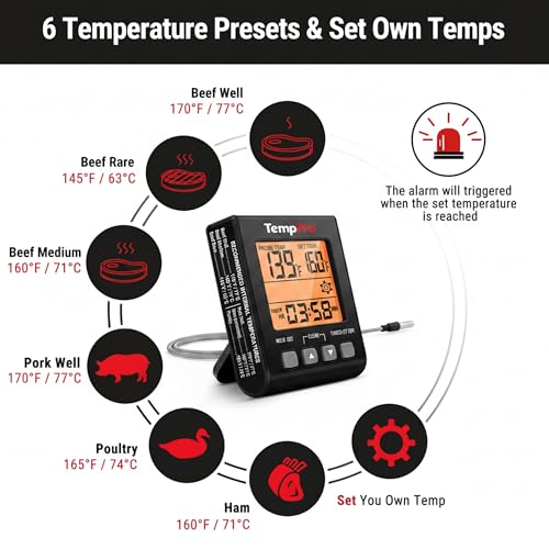 TempPro TP16SW Digital Meat Thermometer for Cooking and Grilling, BBQ Food Thermometer with Backlight and Kitchen Timer, Grill Temperature Probe Thermometer for Smoker, Barbecue, Oven, Black - color: Black,Orange