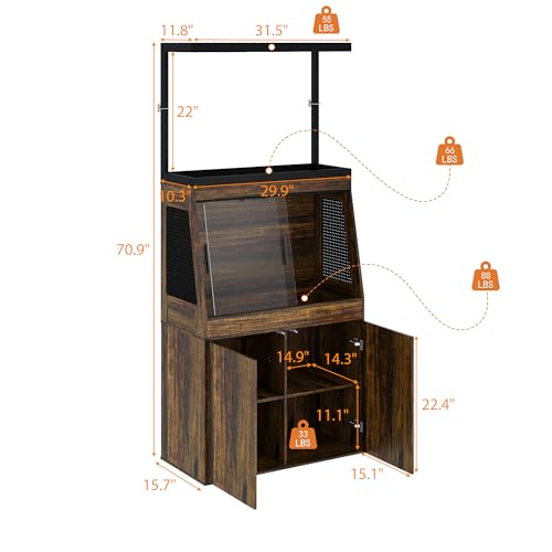 45 Gallon Inclined Reptile Tank with Terrarium Stand, Large Terrarium Reptile Tank Enclosure with Storage Cabinet, Adjustable Shelves and Ventilation Hole Panel, Bearded Dragon Cage, Brown