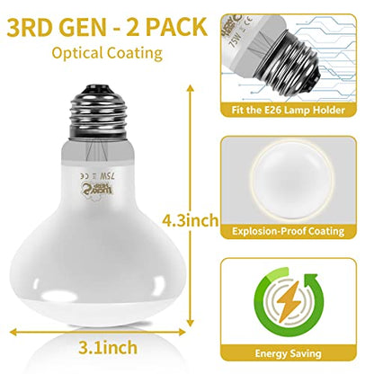 LUCKY HERP New Upgrade 75W Reptile Heat Lamp Bulb (3rd Gen, Safer), Amphibian Basking Spot Light Bulb, UVA Reptile Daylight Bulb for Turtle, Bearded Dragon, Lizard Heating Use (2 Pack) - size: 75