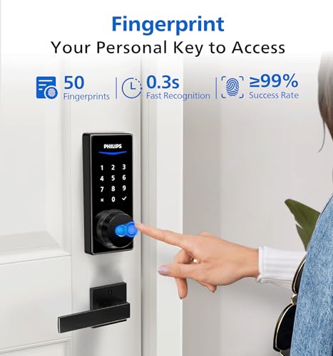 Philips Wi-Fi Smart Lock with Bridge, Fingerprint & App Control Auto Lock | 0.3s Unlock, 100 User PIN Codes, Fits Most Doors, Weatherproof, Backlit Touchscreen - color: Flat Black
