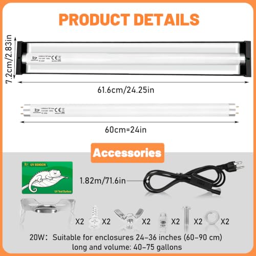 T8 Reptile Light Fixture with 10.0 HO UVB Bulb Lighting 20W, High Output UVB Light for Reptiles Terrarium Hood, 24Inch UVB Light for Desert Bearded Dragon, Lizards, Tortoise Terrarium Tank - size: 24INCH-10.0