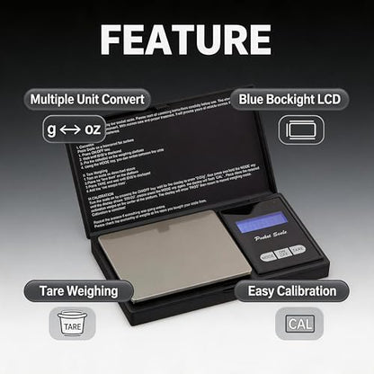 Digital Scale 500g x 0.01g, Milligram Scale for Espresso, Jewelry & Coffee, Fast & Accurate Mini Scale with Tare, LCD Display, Batteries Included, Portable Pocket Food Scale