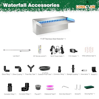 LONGRUN Waterfall Pool Fountain, Updated 5.9'' Wider Open Lip Stainless Steel Waterfall Spillway, Decorative Water Feature for Swimming Pools, Koi Ponds, Spa & Garden - 11.8'' - size: 11.8 inch Stainless Steel(Short-beaked)