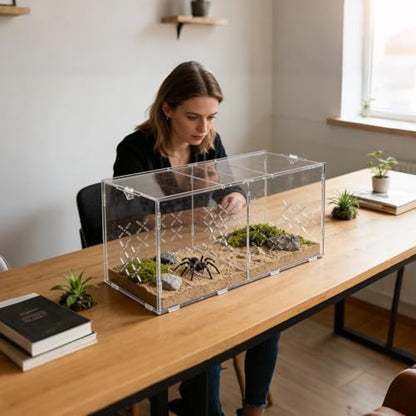 Reptile PC Terrarium, Double Room Tarantula Enclosure,Spider Tank Starter Kit,Leopard Gecko Container,Hermit Crab Habitat,Lizard housing,Jumping Spider Cage,Small Bearded Dragon Vivarium