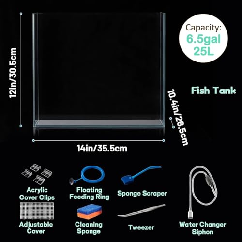 LAQUAL 6.5 Gallon Ultra Clear Glass Fish Tank, Rimless Low Iron Aquarium for Betta/Nano/Goldfish/Snail/Shrimp, Fish Tank & Cover Set & Feeding Ring & Cleaning Tools - color: 6.5 Gal