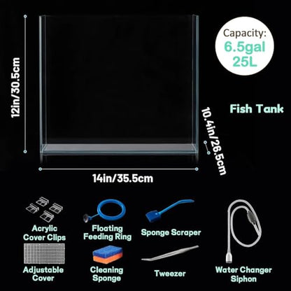 LAQUAL 6.5 Gallon Ultra Clear Glass Fish Tank, Rimless Low Iron Aquarium for Betta/Nano/Goldfish/Snail/Shrimp, Fish Tank & Cover Set & Feeding Ring & Cleaning Tools - color: 6.5 Gal