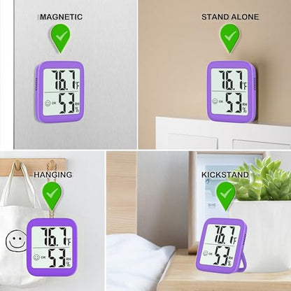 2 Pack Room Thermometer Indoor Hygrometer | Monitor Temperature & Humidity, Accurate, Fast Read, Easy To View, Magnetic/Kickstand/Hanging, ℉/℃, w/ Battery, Compact - color: 2 Pcs* Lavender Purple