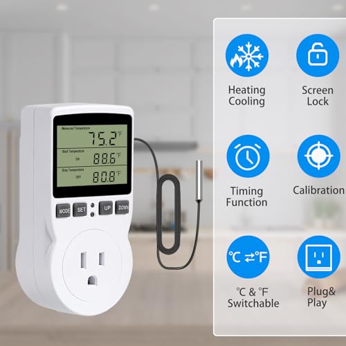 Plug in Digital Thermostat Temperature Controlled Outlet, 1800W 120V 15A Heating Cooling Control for Reptile, Incubation, Aquarium, Refrigerator, Home Brewing - color: Without Backlit
