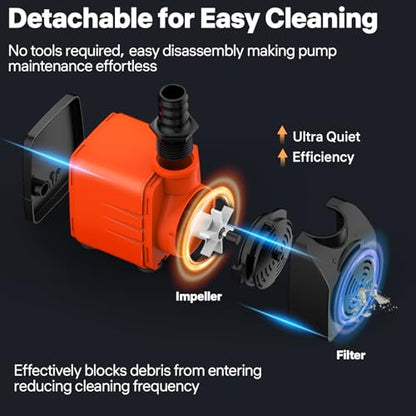 DOKO 480GPH Submersible Water Fountain Pump for Pond, Aquarium, Hydroponic | 1800L/H 35W Ultra Quiet Water Pump with 8.2ft Lift Height, 6FT Power Cord and 3 Nozzles for Fish Tank & Statuary - size: 35W 480GPH