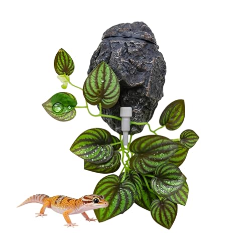 Reptile Water Dish with Dripper, Adjustable Wall-Mounted Water Bowl for Terrarium Humidity Control - Natural Rock Decor Feeding & Watering Dish for Gecko, Lizard, Snake, Frog & Small Reptiles