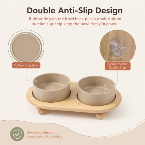 Havniva Raised Cat Bowl 5.1” Elevated Ceramic Cat Food and Water Bowl Set | Cat Bowls Elevated, Whisker Friendly Cat Bowl, Non-Slip Wood Stand, Food-Grade Ceramic, Wide Opening, Dishwasher Safe - color: Greige, size: 2 Bowls+Tray - 5.1"