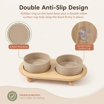 Havniva Raised Cat Bowl 5.1” Elevated Ceramic Cat Food and Water Bowl Set | Cat Bowls Elevated, Whisker Friendly Cat Bowl, Non-Slip Wood Stand, Food-Grade Ceramic, Wide Opening, Dishwasher Safe - color: Greige, size: 2 Bowls+Tray - 5.1"