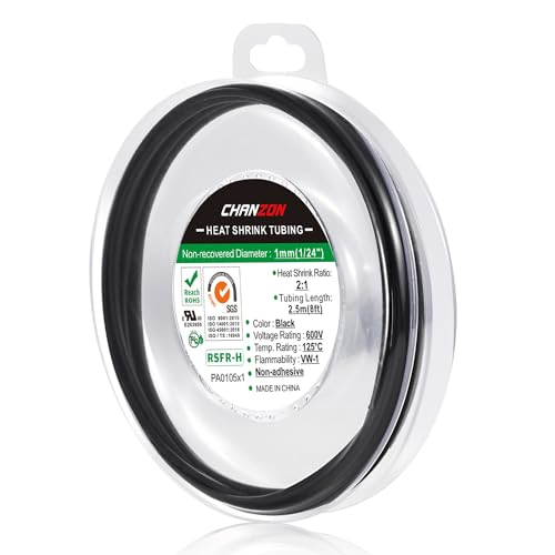 Chanzon 2:1 Ratio 1/24" (1mm) Heat Shrink Tubing 8Ft Roll Black | Polyolefin Sleeving 2.5M Roll, for Automotive Wire Repair, Marine, RC Hobby & Electronic Insulation, 1pcs - color: Black, size: 1mm (1/24") - 8FT
