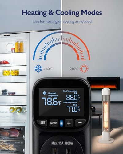 Temperature Controlled Outlet, Heating Cooling Thermostat Outlet | -40℉~210℉, Heavy Duty 15A 1800W Plug in Thermostat with LCD Display, Temperature Controller for Greenhouse Incubator Homebrew - style: Black