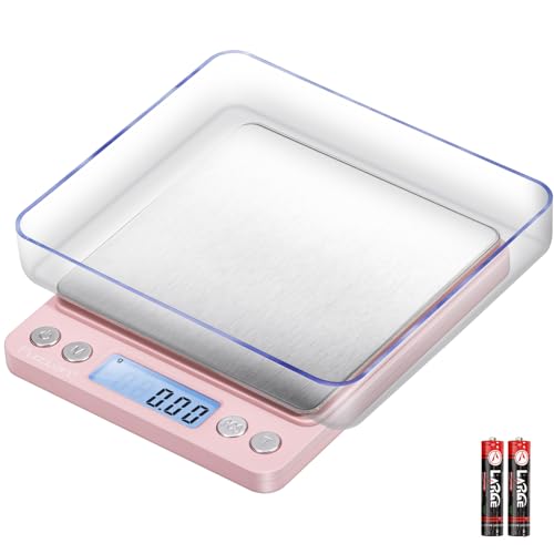 Fuzion Digital Scale .01 Gram Accuracy, 500g Small Kitchen Food Scales | 2 Trays Included for Jewelry, Gold, Herb, Powder, Spice, Coffee, Coin - Weight Gram and Oz - color: Pink