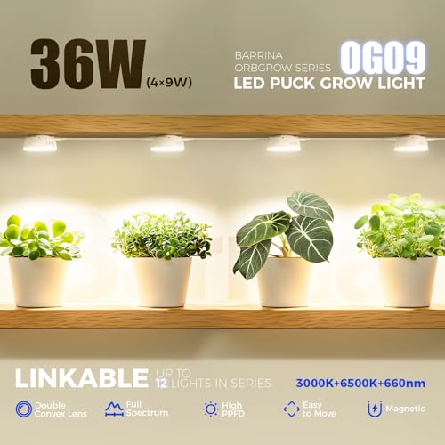 Barrina Orbgrow OG09 Puck Grow Light, 36W(4 x 9W), 660nm Red LEDs, 4 Packs | Full Spectrum Plant Light for Indoor Plants, Magnetic & Linkable, Small Grow lamp, Perfect for Plant Shelf - color: GrowForce Spectrum-White Cover, size: 4 Packs without Timer