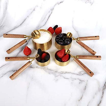 Collection 8 Piece Gold Measuring Cups Set and Measuring Spoons, Golden With fragrant wood Handles-Complete Set of Measure Cups and Spoons For Cooking and Baking.… - color: Gold
