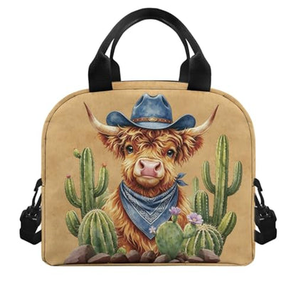 Southwestern Design Kids Lunch Bag Aztec Western Highland Cow Print: Insulated Main Compartment Keeps Fresh Ideal for Desert Trip, Cowboy Event & Nature Exploration - color: Aztec Western Highland Cow Print