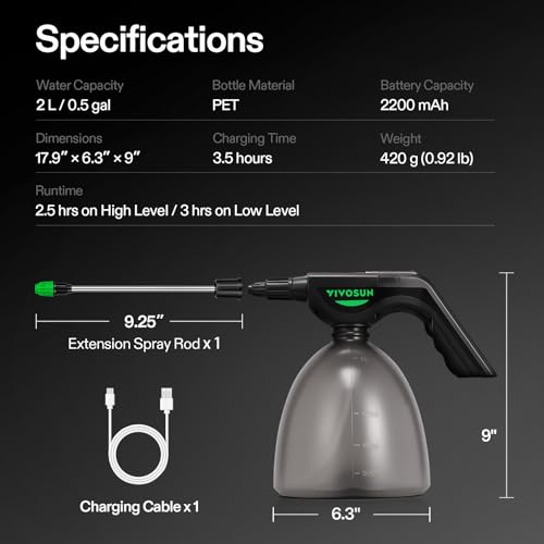 VIVOSUN 70oz Battery Powered Sprayer, Electric Spray Bottle | USB Rechargeable, Automatic Water Pump Plant Mister with Adjustable Pressure, Easy to Refill, 2.2 Ah Battery