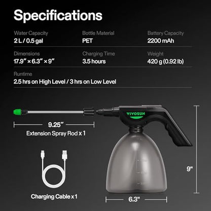 VIVOSUN 70oz Battery Powered Sprayer, Electric Spray Bottle | USB Rechargeable, Automatic Water Pump Plant Mister with Adjustable Pressure, Easy to Refill, 2.2 Ah Battery