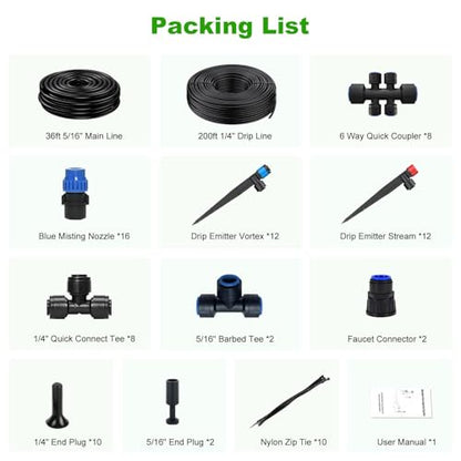 236FT Drip Irrigation System Kit New Quick-Connect, Automatic Garden Watering Misting System for Greenhouse, Yard, Lawn, Plant with 5/16 inch Hose 1/4 inch Distribution Tubing and Accessories - size: 236FT