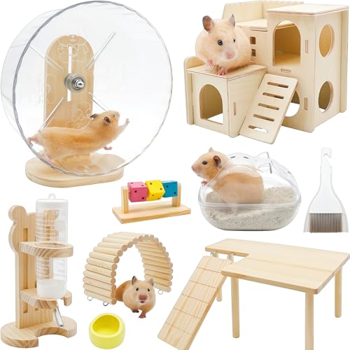 9 Pcs Hamster Cage Accessories, Silent Hamster Wheel, Wooden House and Platform, Wooden Fence, Water Bottle Set, Ceramic Food Bowl, Bath Sand Container, Mini Cleaner for Rat Mice Small Animals Habitat