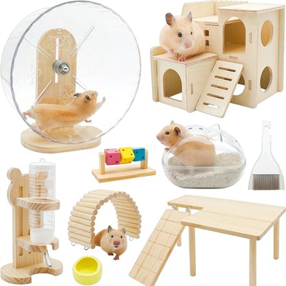 9 Pcs Hamster Cage Accessories, Silent Hamster Wheel, Wooden House and Platform, Wooden Fence, Water Bottle Set, Ceramic Food Bowl, Bath Sand Container, Mini Cleaner for Rat Mice Small Animals Habitat